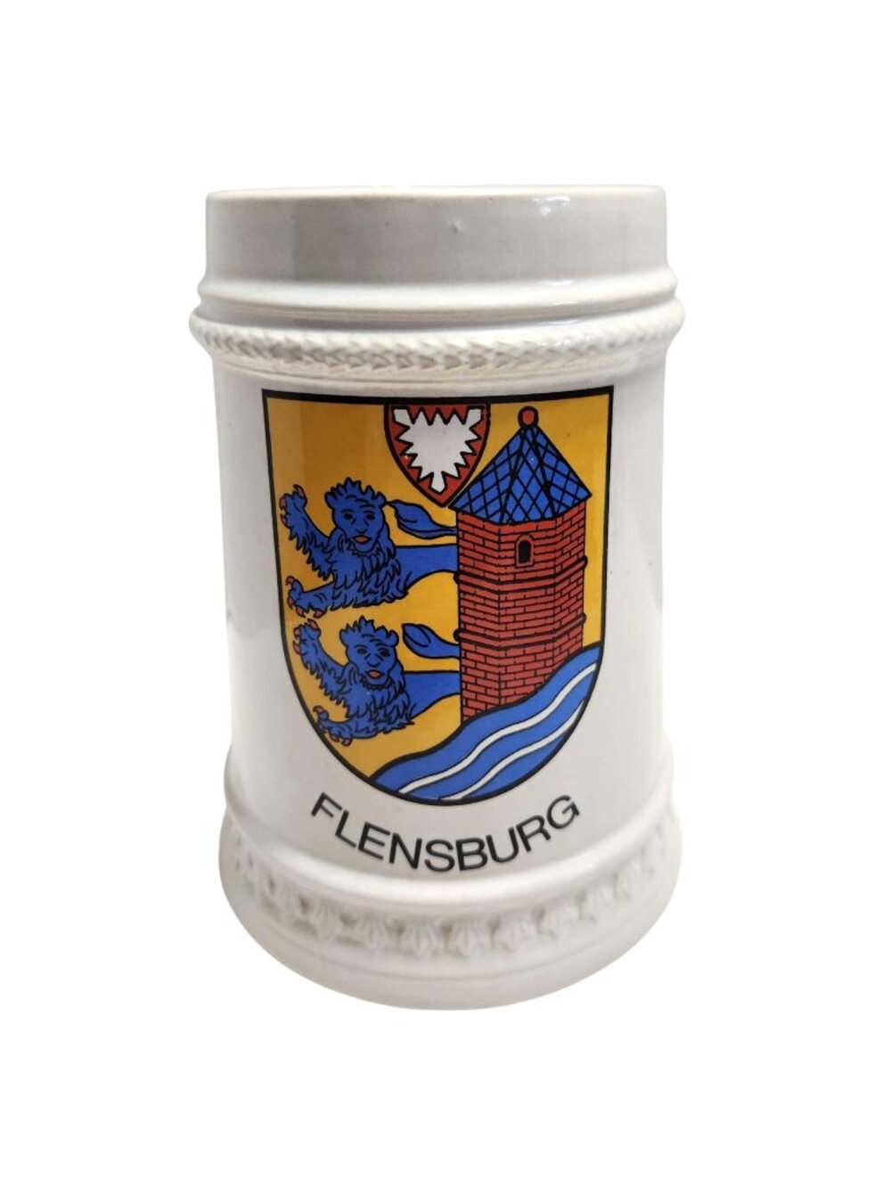 Vintage Gerzit Flensburg Ceramic Beer Stein With Embossed Handle Germany Crest